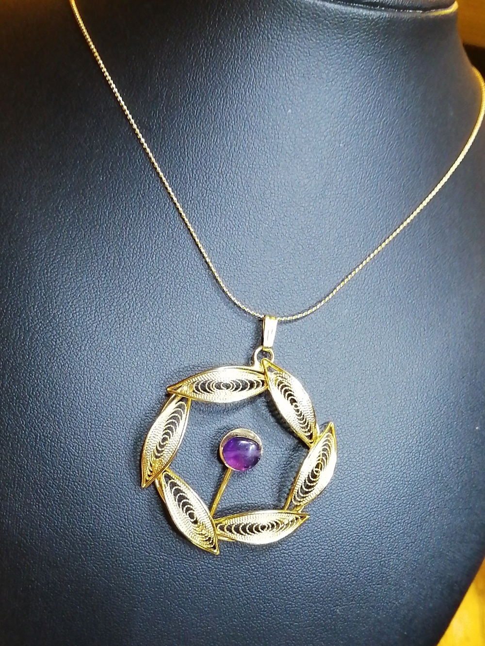 Gold Filigree Wreath Pendant Necklace with Amethyst Accent